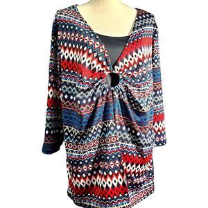 Hot Ginger Geometric Print Bright Lined Front Top Plus Size 2X Soft Stretch Nice